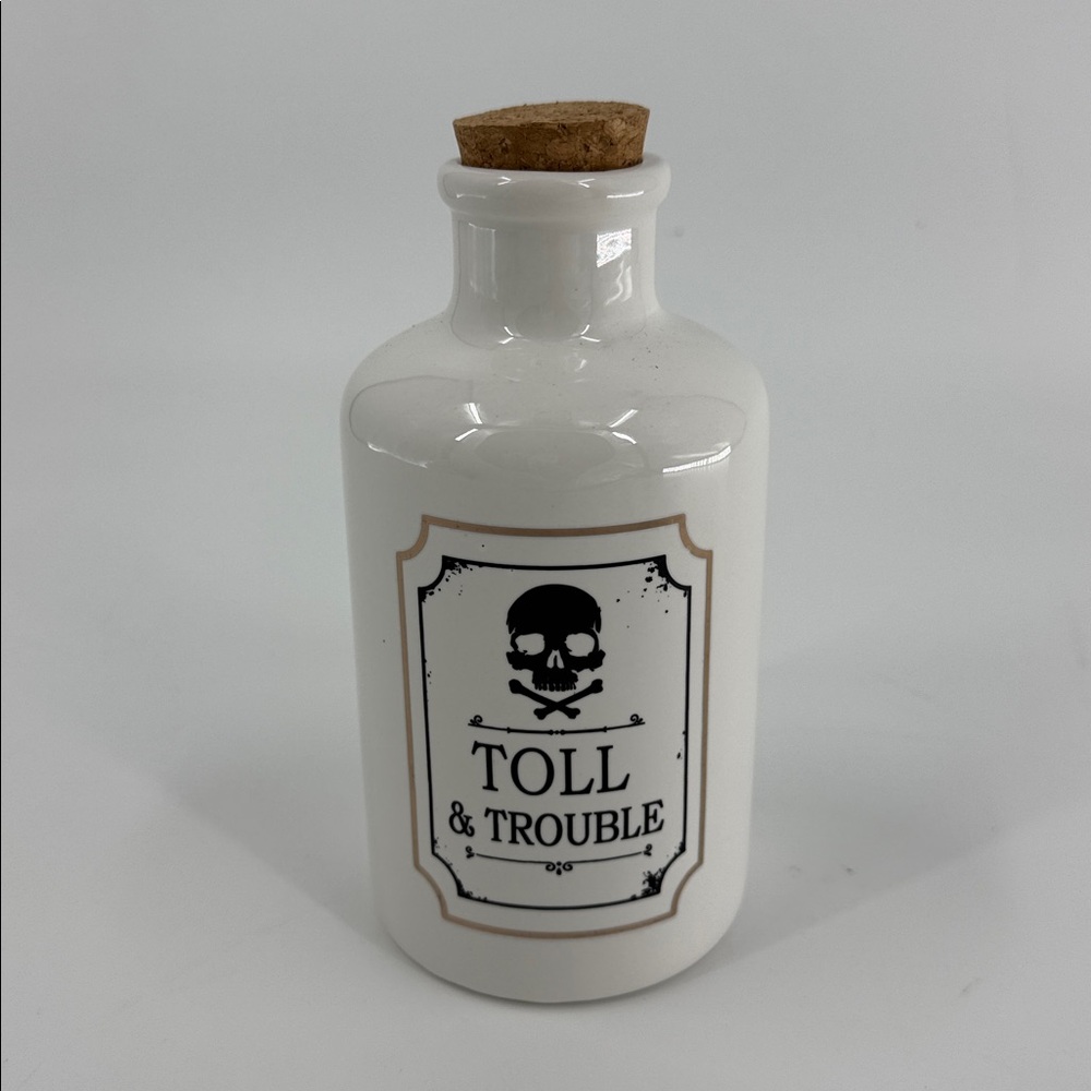 HOLIDAY HOME White “Toll & Trouble” Ceramic Apothecary Bottle with Cork NWT
